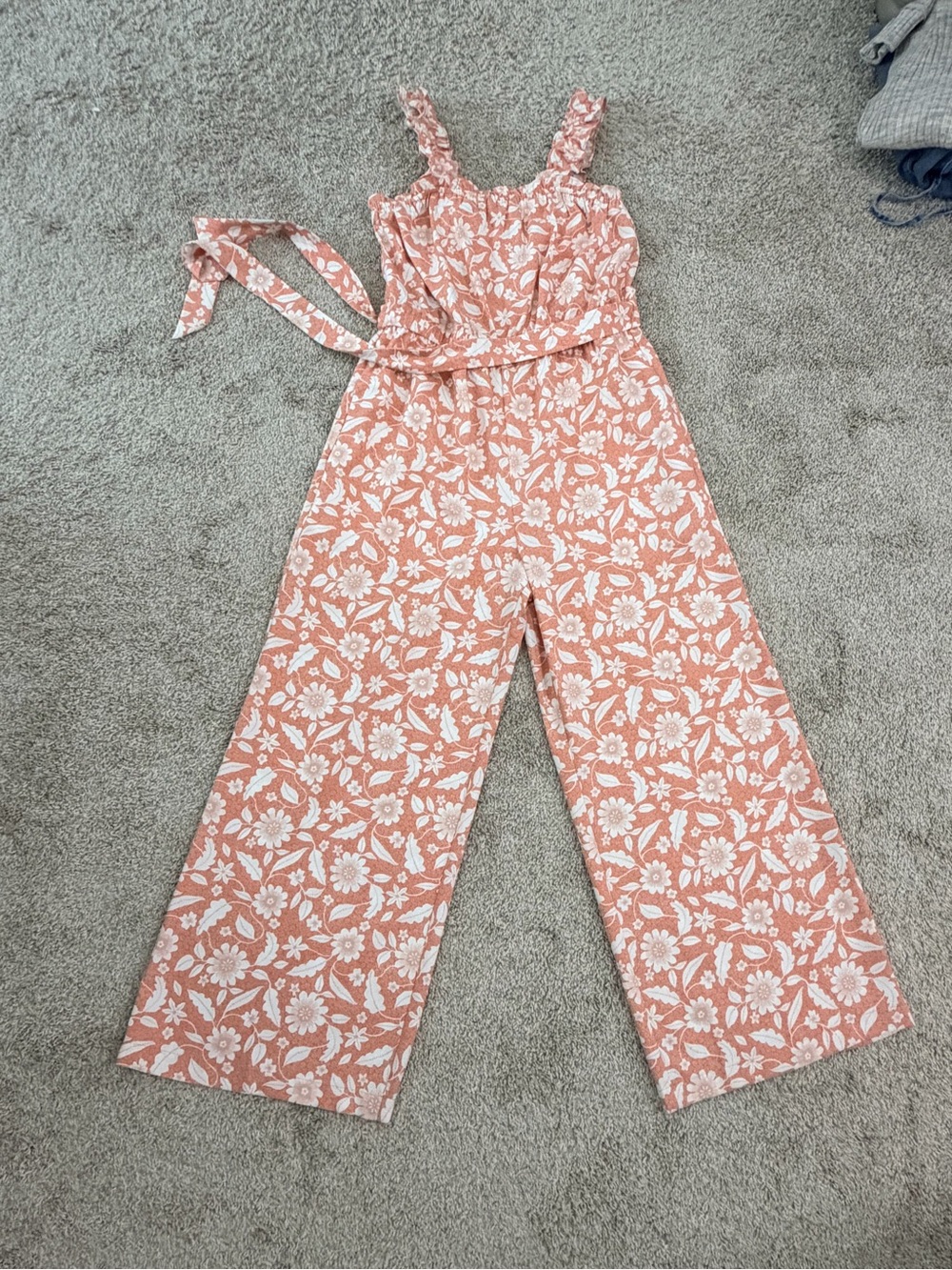 LOFT Peach Floral Wide-Leg Romper with Tie Waist